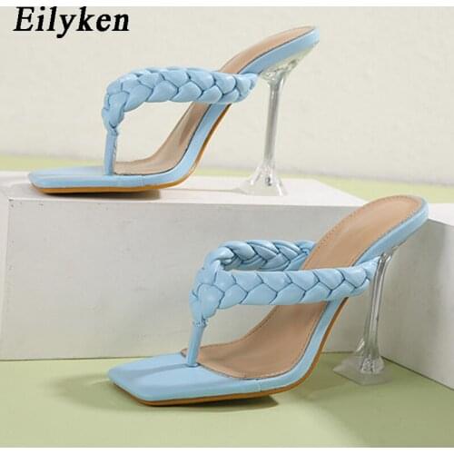 Eilyken 2021 New Summer Fashion Design Weave Women Flip Flops Transparent Perspex Crystal High Heels Ladies Open Toe Sexy Shoes