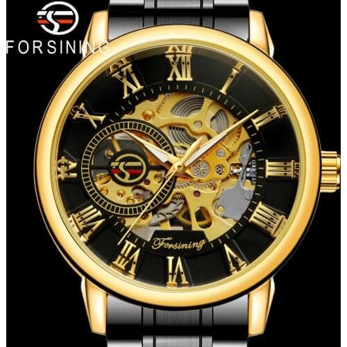 FORSINING Men Wristwatch Military Sport Male Clock Top Brand Luxury Stainless Steel Skeleton Hollow Man Mechanical Watch 8099
