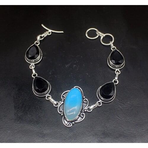 Gemstonefactory Jewelry Big Promotion 925 Silver Botswana Agate Black Onyx Lady Women Charm Links Bracelet 22cm 20213527