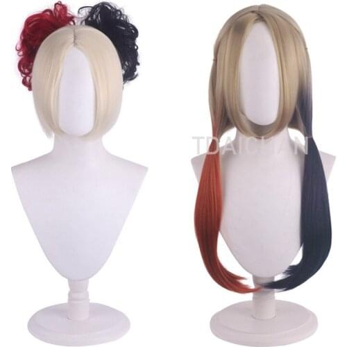 Movie 2021 Suicide 2 Squad Harley Cosplay Costume Quinn Red Dress Wig Red and Blue Double Color Double Ponytail Cos Props