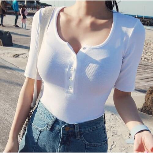 Summer Sexy slim low-cut Tops Women Basic T-Shirt Casual O-Neck Tee Shirt Woman Solid Cotton T Shirt Short Sleeve Elastic 2019