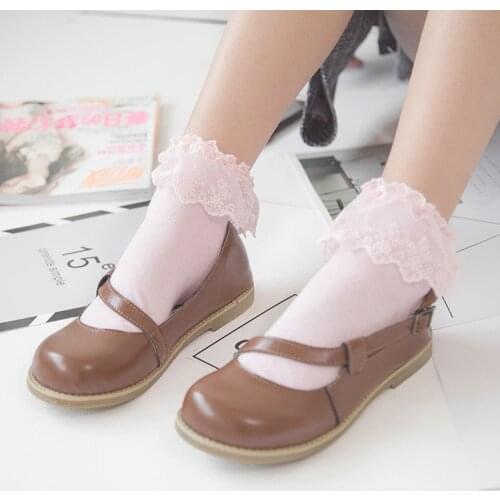 Harajuku Sweet Lace Mesh Short Socks Retro Frilly Ruffle Lolita Maiden Socks Soft Cotton Princess Socks Pure Color Ankle Socks