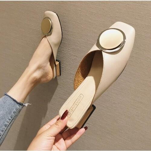 2021 Brand Designer Women Slippers Slip On Mules Flat Heel Casual Shoes British Buckle Slides Wooden Block Heels Summer Footwear