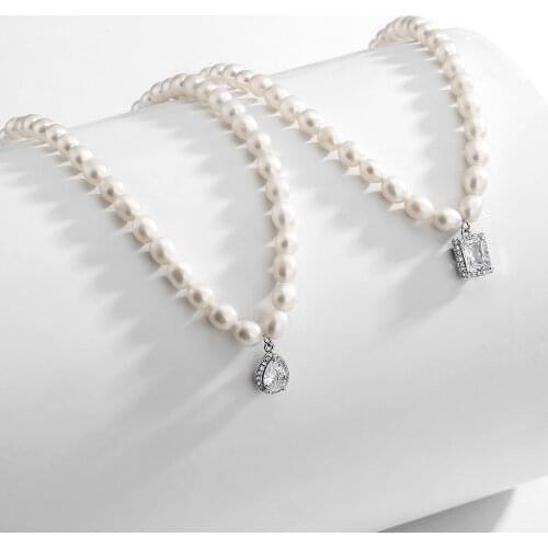 Sparkling Layer French Romantic Pearl Choker Chain CZ Cubic Zirconia Water Drop Pendant Necklace for Women Party Dinner Jewelry