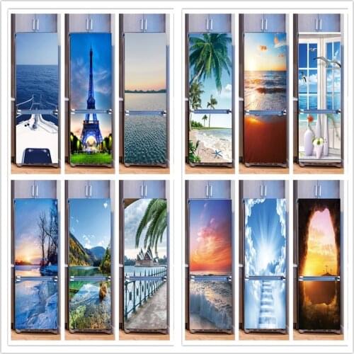 Scenery Fridge Sticker Tropical Plant Beach Art Refrigerator Door Wrap Kitchen Wallpaper Accessories Modern 3d Wall Stickers DIY