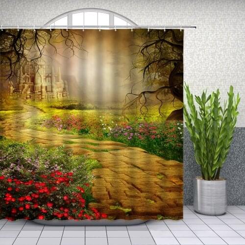 Castle Scenery Shower Curtains Spring Flower Plant Landscape Bathroom Decor Waterproof Polyester Home Bath Cloth Curtain Set