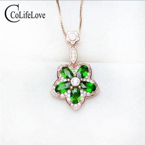 Fashion silver flower pendant for party 5 pcs natural chrome diopside pendant 925 silver diopside jewelry birthday gift for girl
