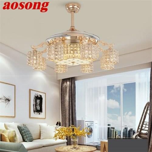 AOSONG New Ceiling Fan Light Invisible Crystal With Remote Control Modern Luxury Gold Lamp For Home