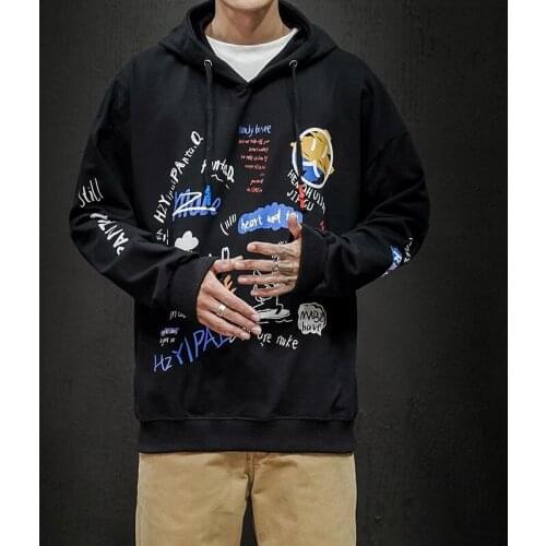 Print Autumn Spring 2020 Black Hoodies Sweatshirt Mens Hip Hop Punk Pullover Streetwear Casual Fashion Clothes Plus Size 3XL