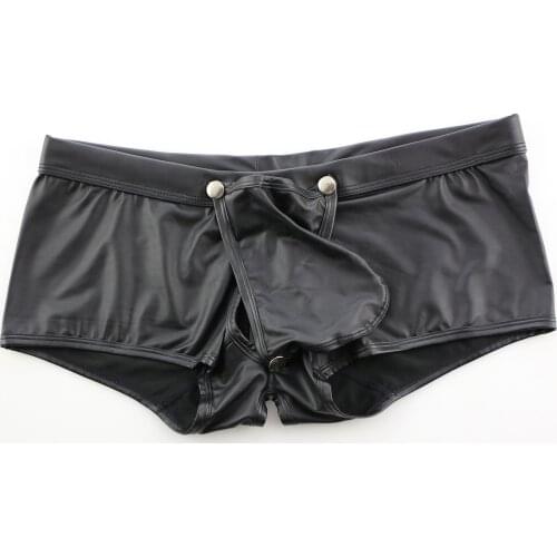 Men Boxer Shorts Gay Big Penis Bag Underwear Sexy Low Waist Patent Leather Buttons Erotic Boxer Cueca U Convex Underpants Shorts