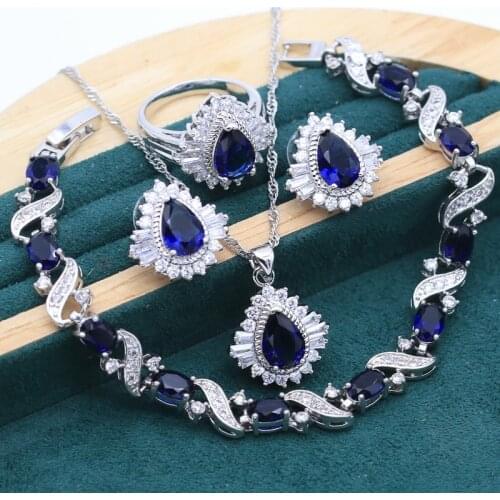 Sapphire Blue Silver Jewelry Sets For Women Bracelet Stud Necklace pendant Ring Earrings 2021 New