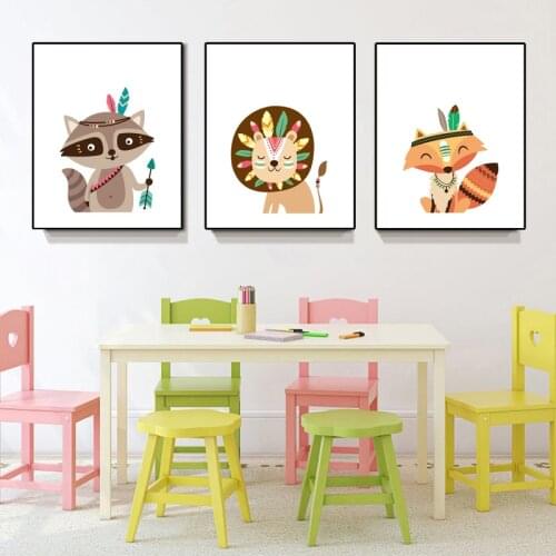 Spray Color Funny Animals Indian Tribe Cartoon Animal Bear Lion Canvas Painting Posters Prints Wall Pictures Kids Room Decor