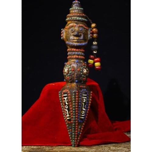 Tibet Buddhism Natural meteorite Gem Dzi Bead Mahakala head statue Dorje Vajra Phurba Magnetic Ward off evil spirits Exorcism