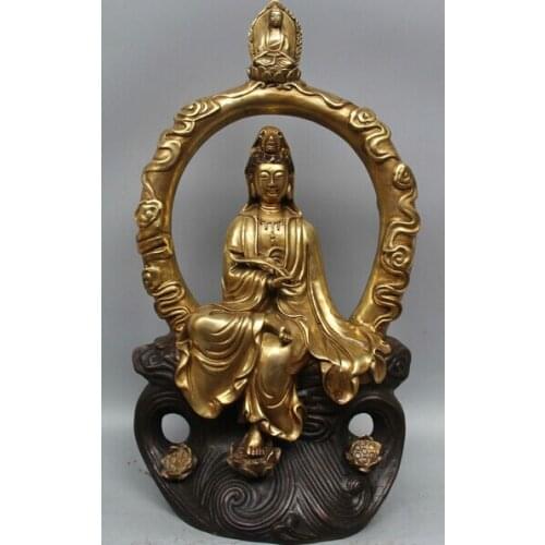 Xd 003429 19" Chinese Bronze Gild Seat Moon Kwan-yin Guan Yin Goddess Lotus Flower Statue