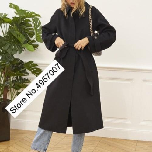 Women Woolen Long Style Jacket With Belted - Ladies Wool Black/Brown Lapel Casual Coat