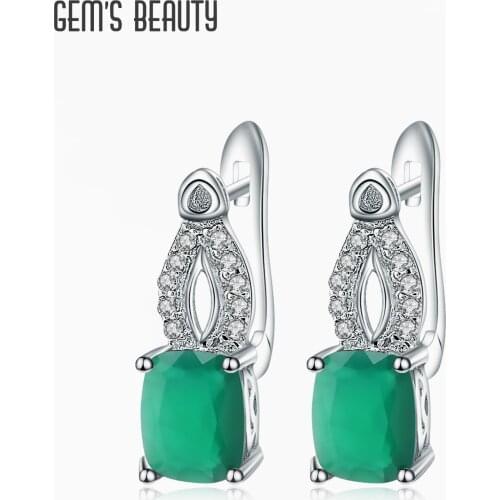 GEMS BEAUTY 925 Sterling Silver Earring For Women Simple Classic Fashion Natural Rectangle Green Agate Handmade Earring