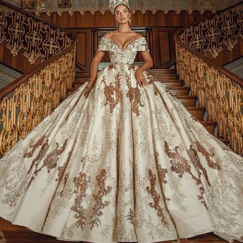 Arabic Luxury Ball Gown Wedding Dresses Lace Sequins Off Shoulder Vestidos De Novia 2021 Customize Sweep Train Bridal Dress