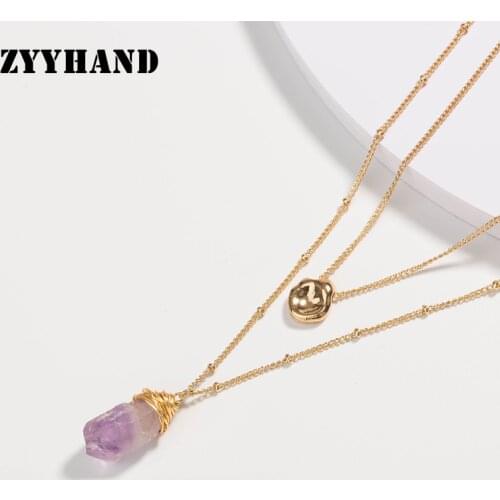 Natural Stone Women Golden Pendant Necklace Cross Beads Chain Round Charm Brass Irregular Purple BirthStone Girl Necklace