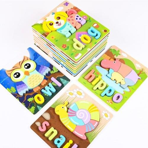 Large Assembly 3d Montessori Wooden Spelling Word Early Education Cognitive Puzzle Cartoon Animal Traffic Jigsaw Puzzle 12 Style