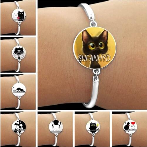 Cute Black Furry Cat Girl Silver Color Bracelets Naughty Little Cat Glass Women Bracelet Bangles I Love My Cat Women Bracelet