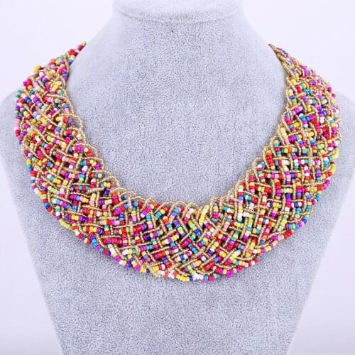 Mix Color New Handmade Bohemia Fashion Multilayers Resin Seed Beads Chain Choker Pendant Bib Necklace Wholesale