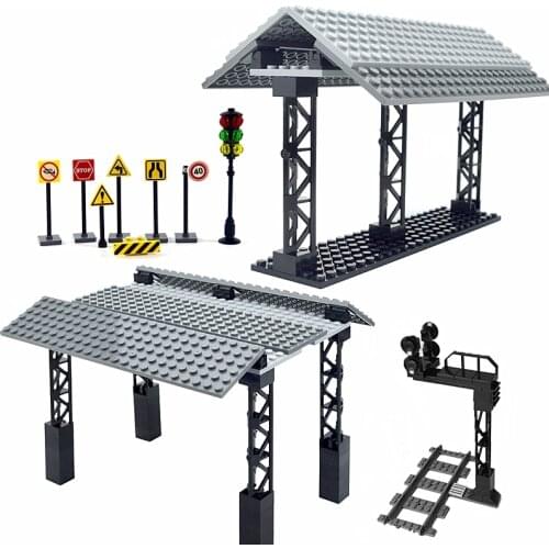 City Bus Stop Train Station Model Brick mini signs signal traffic lamp for Trein Car Building Blocks Set Compatible with lego
