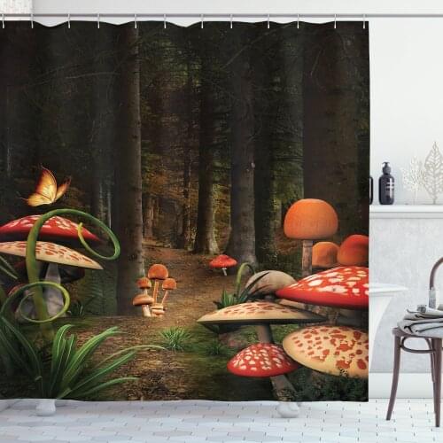 Mushroom Shower Curtain Set Magic Forest Mysterious Look Art Curtain for Bathroom Decor 12 Hooks Decorative Bath Accessory