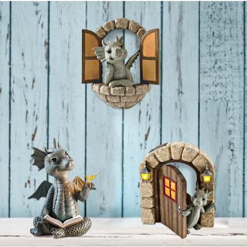 Reading Book Little Dragon Sculpture Resin Dinosaur Statue Outdoor Yard Art Dragon Sculpture Lawn Wall Decoration Tree