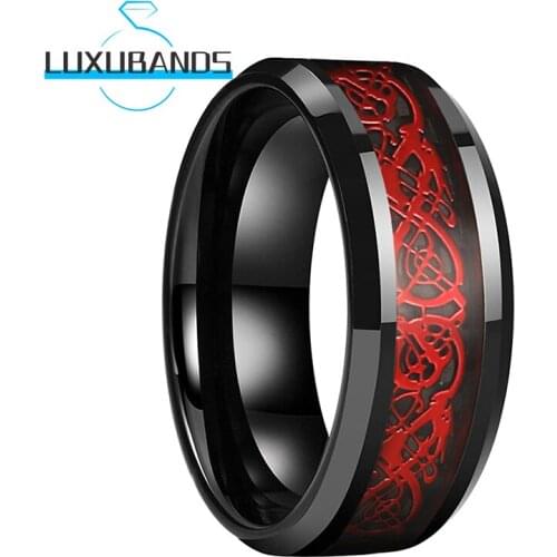 8MM Tungsten Carbide Ring For Men Women Black Beveled Edges Carbon-Fiber Red Dragon Inlay Polished Finish Comfort Fit