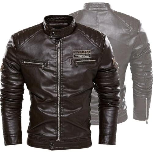 Waterproof Biker Jacket Autumn Winter Mens Motorcycle Leather Jacket Lining with Velvet Stand Collar Artificial Leather Coat