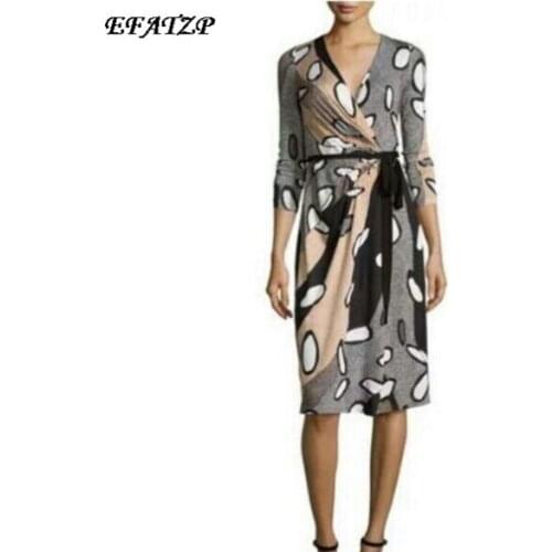 New 2017 spring Fashion Designer Brand Dress Ladies' Elegant Print XXL 3/4 Sleeves knee-Length Stretch Jersey Silk Day Dress