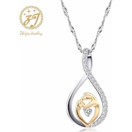 Zhijia Mother Baby Charm Pendant Necklaces Mom Daughter Son Family Love Micro Pave Zircon Copper Necklace For Birthday