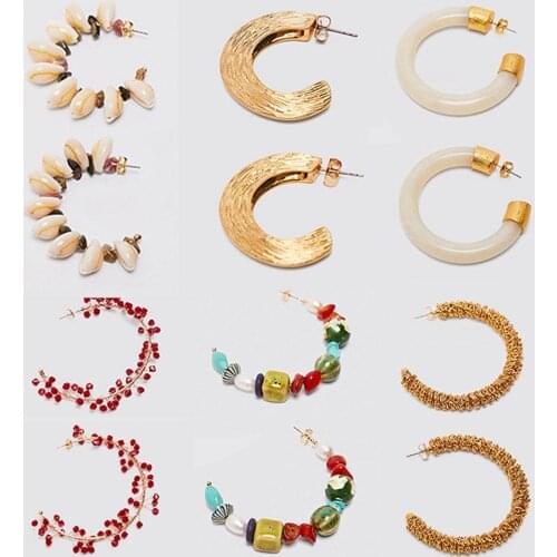 Best lady 2021 New Shell Resin Stone ZA Hoop Earrings for Women Fashion Design Vintage Gold Jewelry Spring Statement Earring Hot