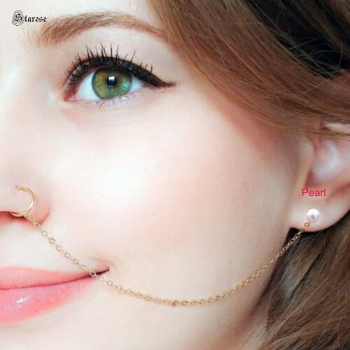 Starose Silver Gold Color Face Chain Jewelry Pearl Ear Stud Earring Crystal Helix Piercing Tragus Lobe Earrings Nose Ring Hoop