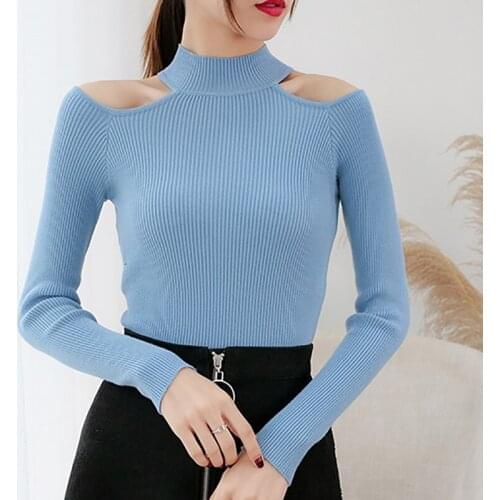 Off Shoulder Sweater Women Turtleneck Pullovers Long Sleeve 2021 Fall Winter Slim Sexy Knitted High Elastic Sweaters Pull Femme
