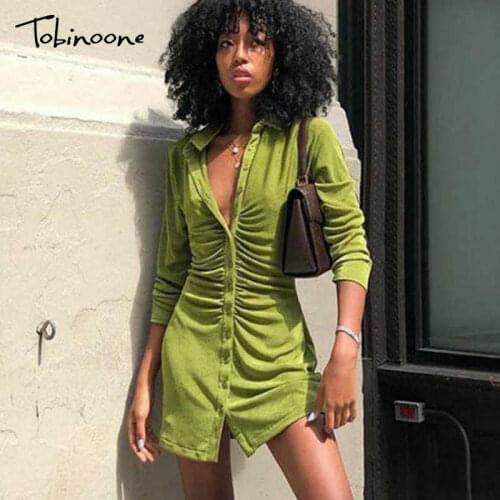 Tobinoone Single Breasted Solid Party Dress Women Pleated Turn Down Collar Sexy Bodycon Mini Dresses Autumn Long Sleeve Vestidos