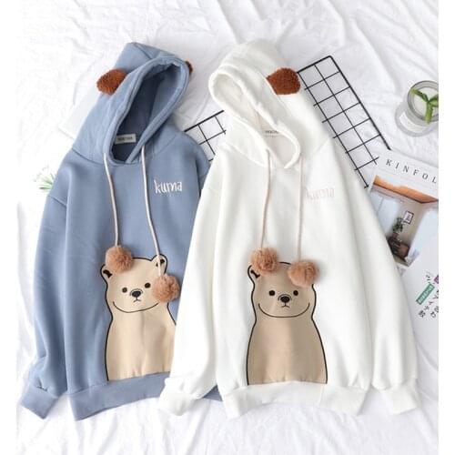 Harajuku Kawaii Bear Ear Hooded Sweatshirt Long Sleeve Loose Hoodies Velvet Thick Casual Hoodie Girls Women Clothes Pullover