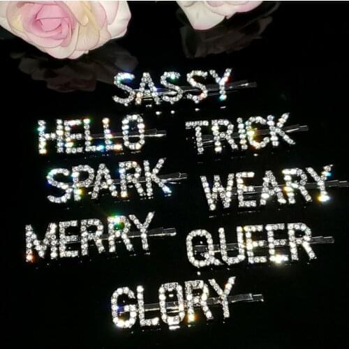 Unique Word Hair Jewelry "SASSY,HELLO,TRICK,SPARK,WEARY,MERRY,QUEER,GLORY" Crytal Letters Hairgrips Bling Bobby Pins WHOLESALE
