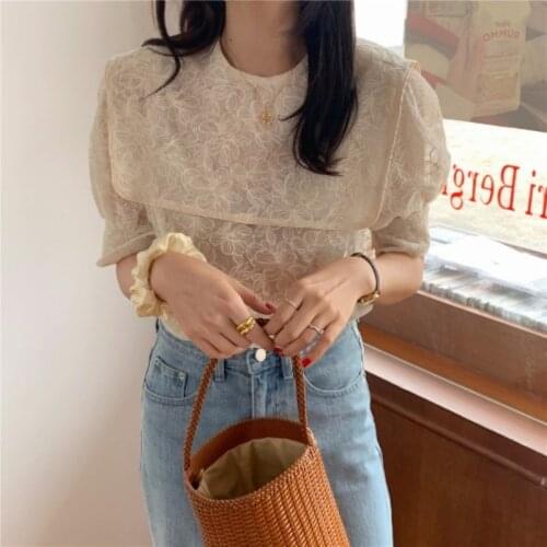 Navy Style Lapel Embroidery Lace Cute 2021 Women Blouses Chic Lady Gentle Half Sleeves Sweet Girls Loose Shirt Tops