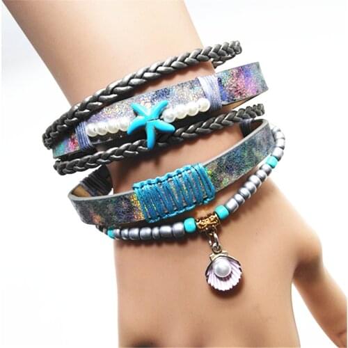 Starfish Leaf Ethnic Blue Beads Ethnic Multilayer Charm Shell Pearl Leather Bracelets Women Fashion Bangle Female Jewelry