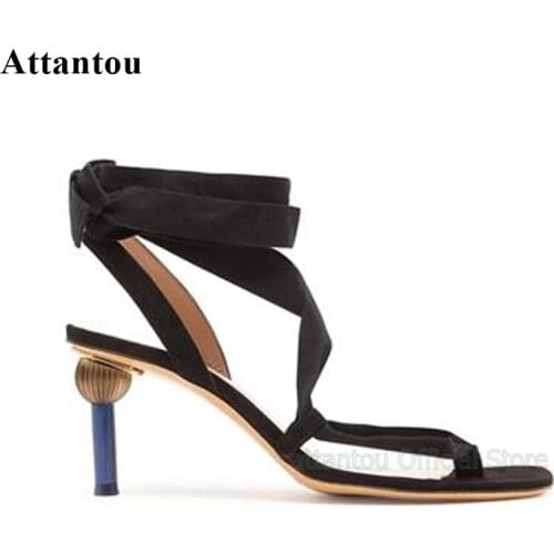 New 8cm High Heel Women Sandals Mixed Color Suede Gladiator Ankle Strap Lace Up Ladies Summer Shoes Black Sandalias Mujer