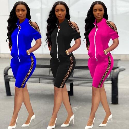 Womens Leopard Pattern Off Shoulder Fashion Shorts Sets 2 Pcs Summer Solid Tracksuit Short Sleeve And Shorts Suits For Women