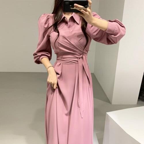 Elegant Spring Party Dress Women Turn Down Collar Long Midi Dress Lace Designer Long Sleeve Sweet Chic Office Lady Loose