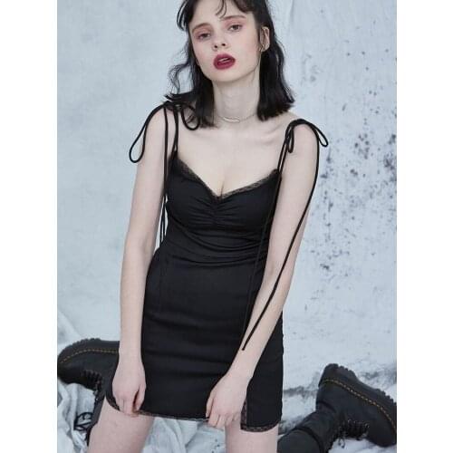 Women Sexy Lace Dress v-neck Spaghetti Strap Summer Split Dress Lace up Bow Sleeveless Black and Purple Buttons Backless Dress