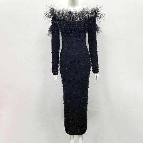 2021 Fashion White Black Beading Elegant Celebrity Feather Women Bandage Evening Party Dress Long Sleeve Off Shoulder Vestidos