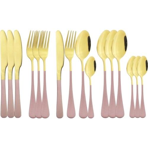 16pcs Dinnerware Pink Gold Knife Fork Spoon Teaspoons Stainless Steel Set Smooth Set Cutlery Flatware Outdoor Kitchen Tableware