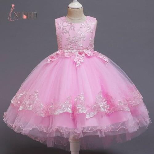 2021 Summer Cute Sleeveless Flowers Girls Dresses Tulle Bow Appliques Princess Wedding Party Lace Ball Gown Girls Clothing 3-10Y
