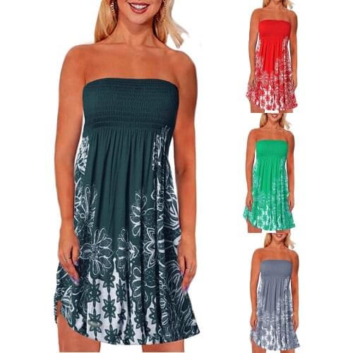 2021 Fashion Summer Bandeau Dress Womens Loose Casual Boho Beach Dress Sexy Bustier Print Sleeveless Dress Wrap Sundress