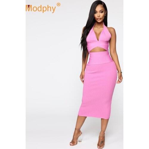 2021 Summer New Sexy Womens Bandage Set Halter Top & High Waist Skirt 2 Two-piece Celebrity Party evening Bodycon Vestidos Set
