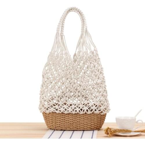 Aaby 2021 Summer Fashion Tote Bags For Women High Capacity Cotton String Patchwork Straw Botton Hollow Out Ladies Bag For Gift